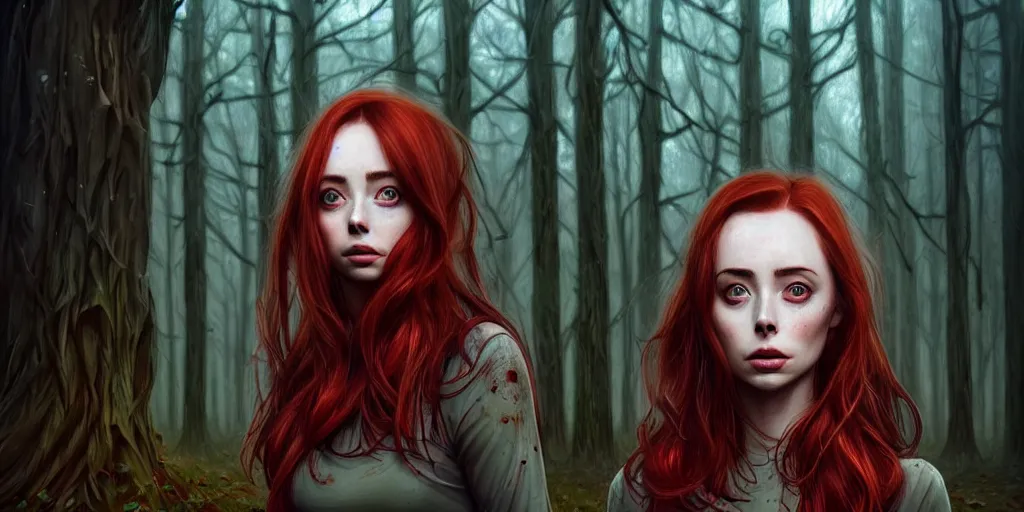 Image similar to surrounded by trees, realistic character concept, gorgeous Kacey Rohl, red hair, small freckles, symmetrical face, symmetrical eyes, full body, covered in blood, dark forest, tall Wendigo creature in background, trees, shorter neck, cinematic lighting, Joshua Middleton and artgerm, fear anxiety terror