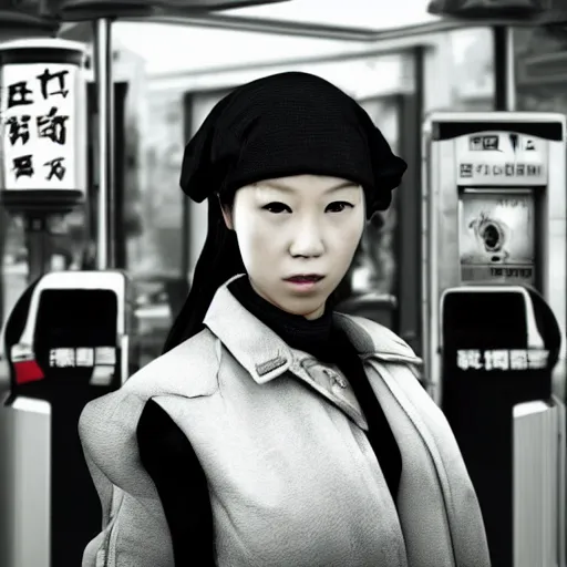 Image similar to a chinese woman at a gas station, 3 d models, metal gear solid, morrowind, portrait, street photography, by mario testino, davide sorrenti, jemal shabazz