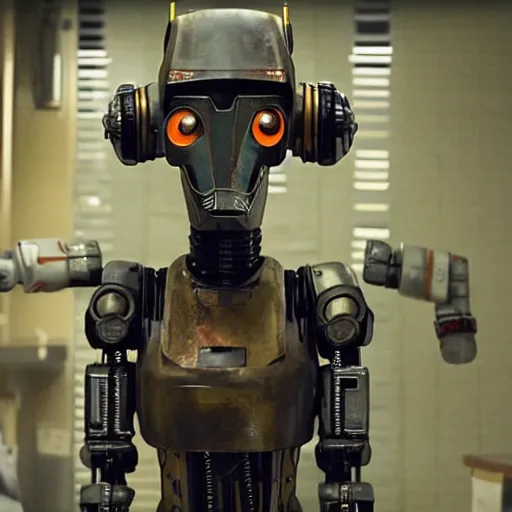 Image similar to film still from the movie chappie of the robot chappie furry anthro anthropomorphic stylized cat head android service droid robot machine fursona