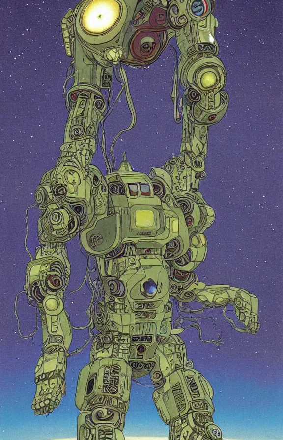 Image similar to Artwork by moebius and oscar chichoni, A depressive colossal robotic alien ascending into the infinite universe