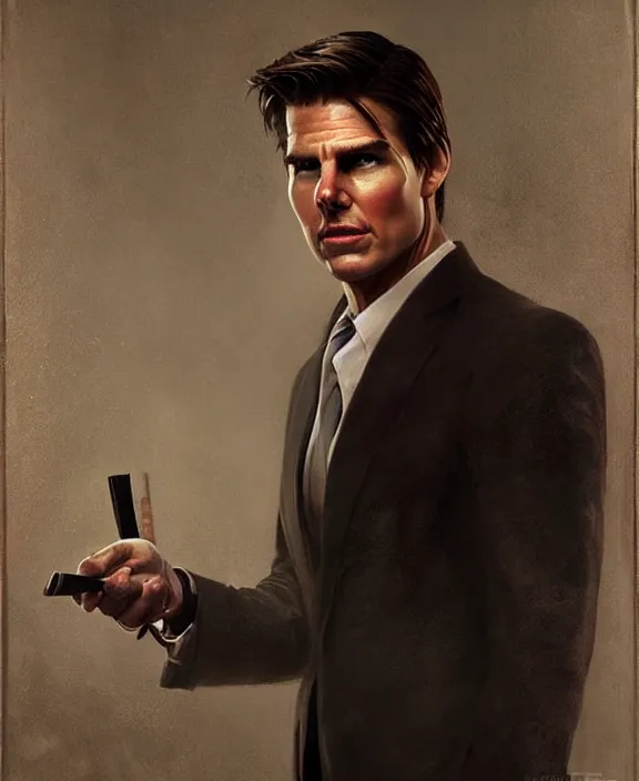 Image similar to portrait of tom cruise as a psychopathic lawyer for the church of scientology, art by denys tsiperko and bogdan rezunenko and tom bagshaw, hyperrealism