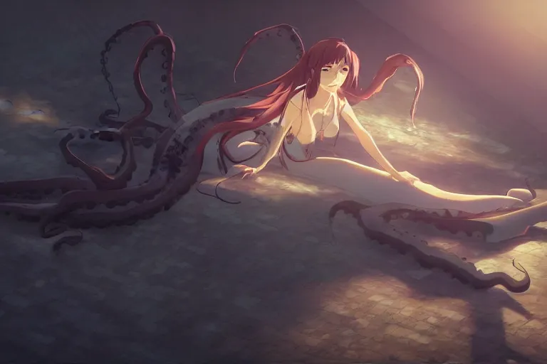 Image similar to octopus wrapped around woman, highly detailed, 4k resolution, lighting, anime scenery by Makoto shinkai