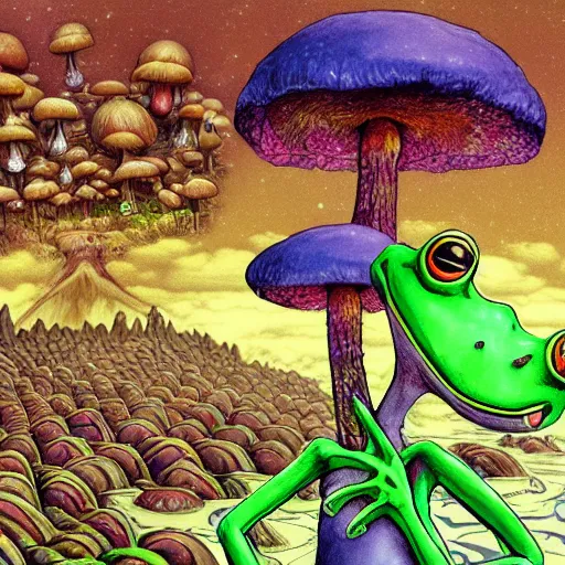 Image similar to A close up portrait of a dignified psychedelic godlike anthropomorphic frog smoking an anime blunt , magic mushroom village in background . award winning. superb resolution. in the art style of junji Ito and greg rutkowski . Detailed Mushroom city in background. Hyper realistic anime. Perfect art. Dalle2