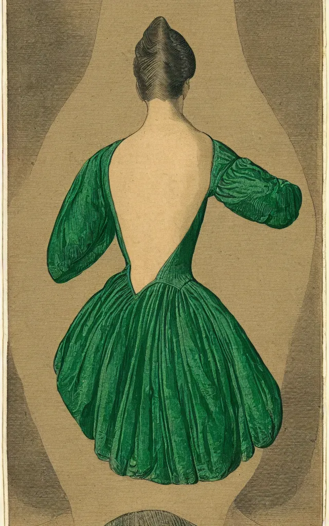 Prompt: back of a noble woman in emerald dress, 1 7 th century, symmetric, retro illustration style