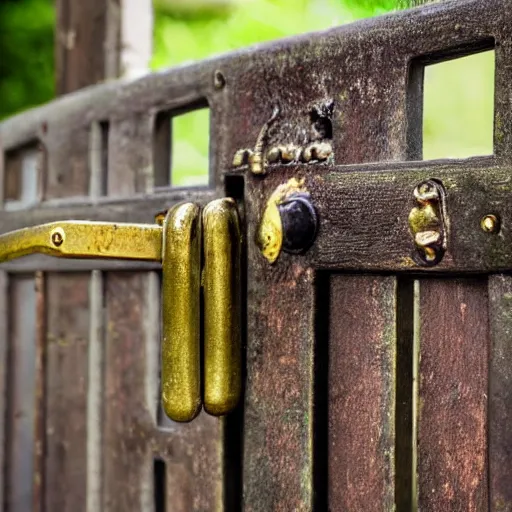Image similar to a close up of a garden gate with a rusty metal latch