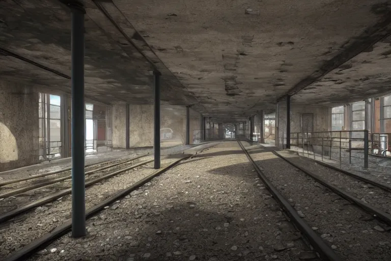 Image similar to ruined, abandoned polish metro station, seen from inside. Diffused light from stairwells. Dirt, leaves on ground. Unreal Engine. Substance painter. Zbrush. Trending on artstation. 8K. Highly detailed.