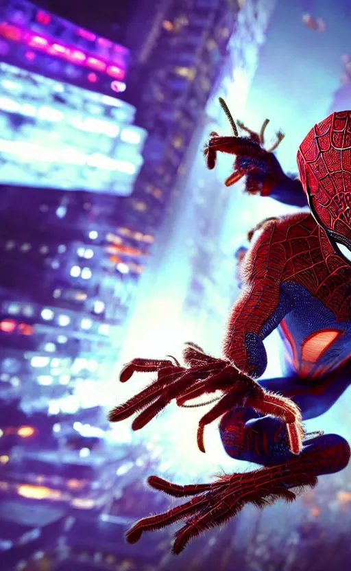 Prompt: super super super epic cinematic shot of humanoid peacock tarantula spiderman colors, concept art, movie scene, 8k scene, ++++++ super super super dynamic action, dynamic lighting, dynamic shaders, studio lighting room, amazing quality