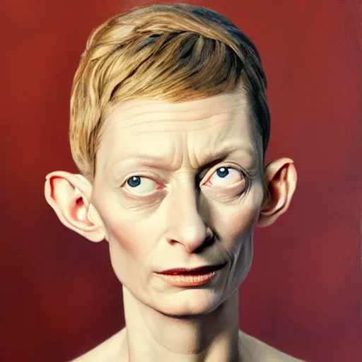 Image similar to ultra realistic portrait painting of tilda swinton as dobby, art by frank frazetta, 4 k, ultra realistic, highly detailed, epic lighting