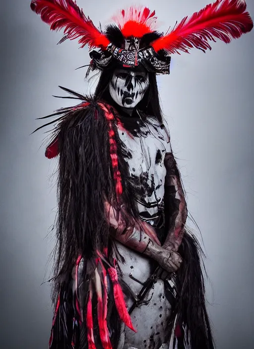 Image similar to the ghost - spirit of the grim - warpaint wears the scarlet skull armor and native blood headdress feathers, midnight fog - mist!, realism, cinematic lighting, various refining methods, micro macro autofocus, ultra definition, award winning photo