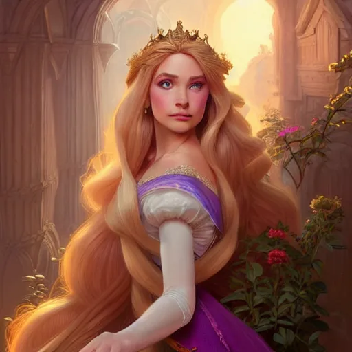 Image similar to princess rapunzel, D&D, fantasy, intricate, elegant, highly detailed, digital painting, artstation, concept art, matte, sharp focus, illustration, art by Artgerm and Greg Rutkowski and Alphonse Mucha