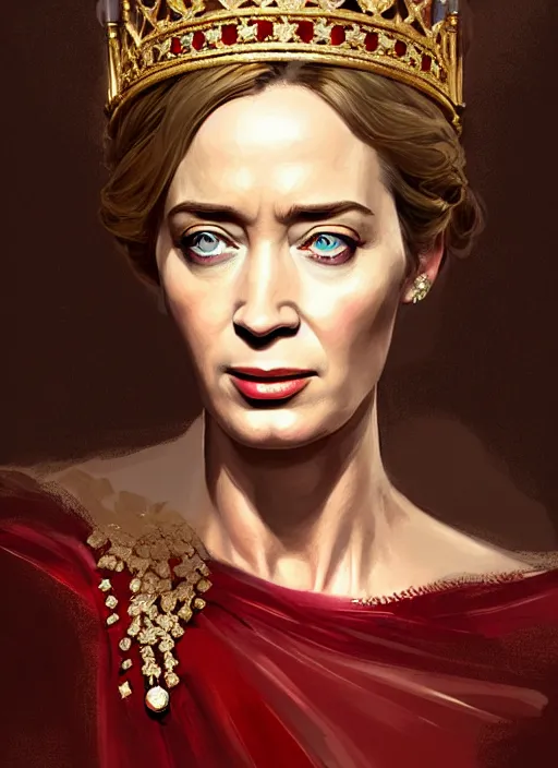 Image similar to portrait of emily blunt as queen, jewelry, greek, ruby, victorian age, 1 8 9 0, intricate, headshot, key visual, conceptart, ambient lighting, highly detailed, digital painting, artstation, concept art, sharp focus, by makoto shinkai and akihiko yoshida and greg manchess