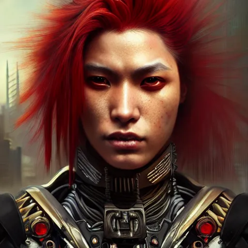 Image similar to portrait painting of a cyberpunk maori street samurai with spiky red hair, ultra realistic, concept art, intricate details, eerie, highly detailed, photorealistic, octane render, 8 k, unreal engine. art by artgerm and greg rutkowski and charlie bowater and magali villeneuve and alphonse mucha