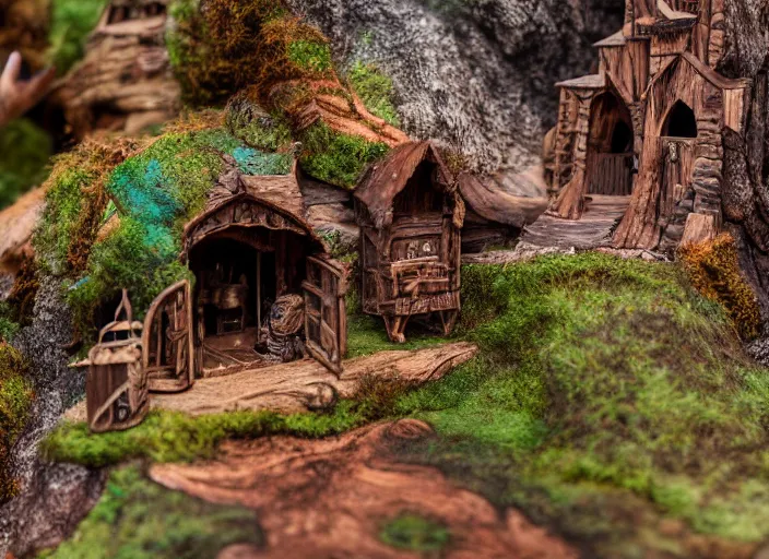 Image similar to high - res gopro photograph from within a wooden sculpture diorama with a fantasy castle, highly detailed sculpey diorama, forest setting in iceland, waterfall backdrop, realistic materials, wood, felt, cloth, burlap, copper wire, hot glue, smooth, sharp foccus, commercial product photography,