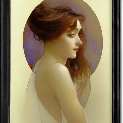 Image similar to beautiful woman's sideface, beautiful background, by alfons maria mucha, highly detailded