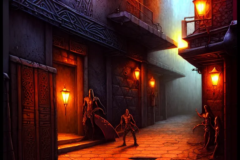 Image similar to a shadowy alleyway in the city of tyr from athas, amazing dark sun d & d art, by gerald brom, by wlop, intricate details, ultra realistic, beautiful, volumetric lighting, warm colors advance cool colors recede, cell shading, 8 k, by james gurney, by greg rutkowski, trending cgsociety, artstation