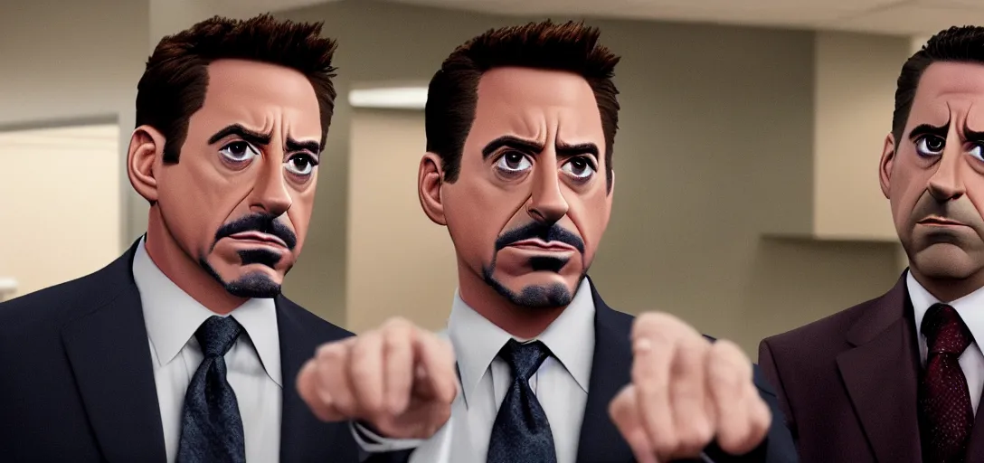 Image similar to a very high resolution image of tony stark and micheal scott. from an episode of the office. photorealistic, photography