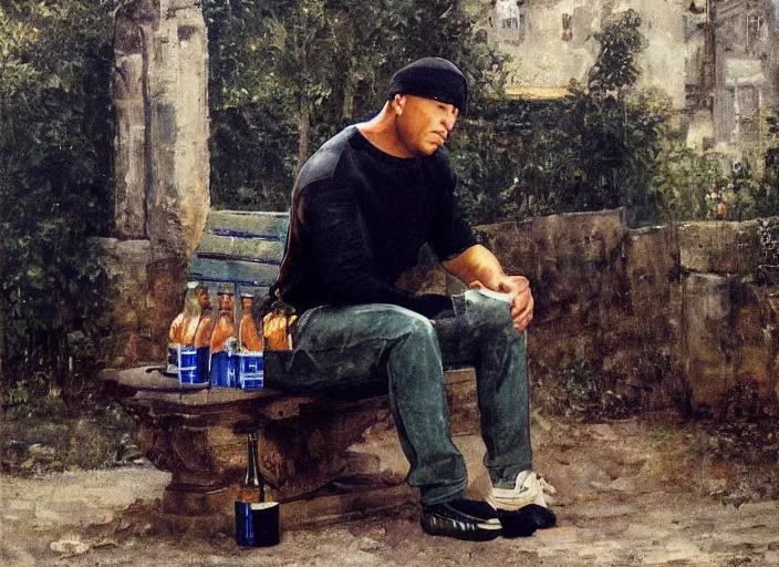 Image similar to vin diesel in black adidas sport costume, as gopnik character, sitting on a bench with a bottle of beer in the courtyard of a provincial russian town, oil on canvas, naturalism