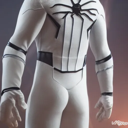 Image similar to white spider - man suit with black web lining, cinematic, volumetric lighting, realistic, hyperdetailed, photorealistic, photograph