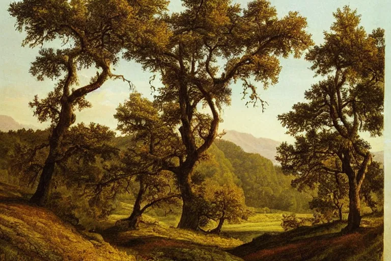 Image similar to masterpiece print of oak trees on a hillside overlooking a creek, by william seltzer rice