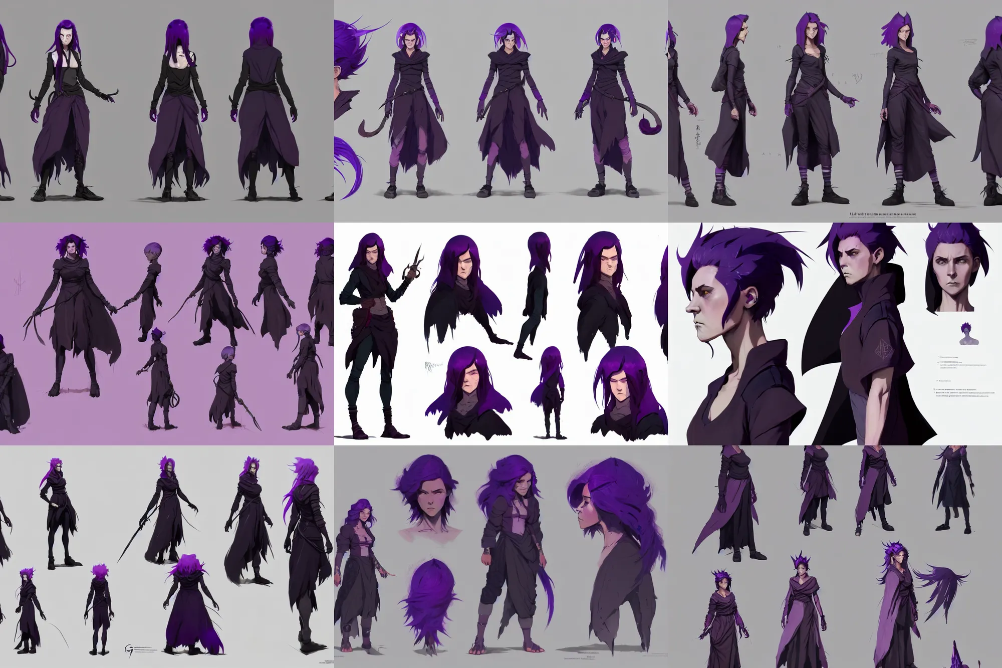 Prompt: character model sheet of rugged attractive female, undercut black to purple fade hair, sorcerer magic witch, by greg rutkowski and studio ghibli, digital art, trending on artstation, highly detailed, concept art, beautiful, masterpiece