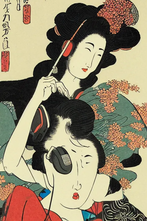 Prompt: a goddess with headphones and smoking a cigarette, in a silent disco rave, by katsushika hokusai, by ralph steadman, storybook illustration, cool color palette, in a symbolic and meaningful style, single figure