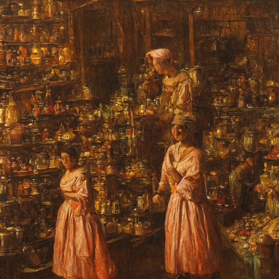 Prompt: young woman standing in a spice market at night byjohann mongels culverhouse, oil on canvas, masterful intricate artwork, excellent lighting, high detail 8 k