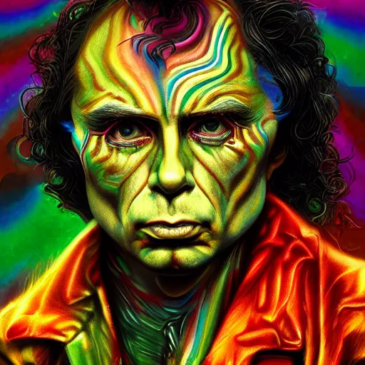 Prompt: an extremely psychedelic portrait of ronnie james dio, surreal, lsd, face, detailed, intricate, elegant, lithe, highly detailed, digital painting, artstation, concept art, smooth, sharp focus, illustration