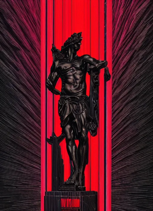 Prompt: dark design poster showing a statue of the greek gods, black background with very subtle red and purple design elements, powerful, nekro, vito acconci, thin straight lines, dark, glitch art, neo vaporwave, gritty, layout frame, square, trending on artstation