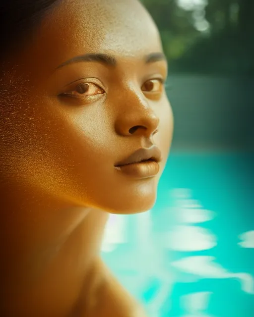 Prompt: photo half body portrait of very beautiful woman, face emerging from pool of water, brown skin, realism, extreme detail, real life, key art, soft light, volumetric light, 3 - d shadows, photo by james jean and wlop, photoshoot