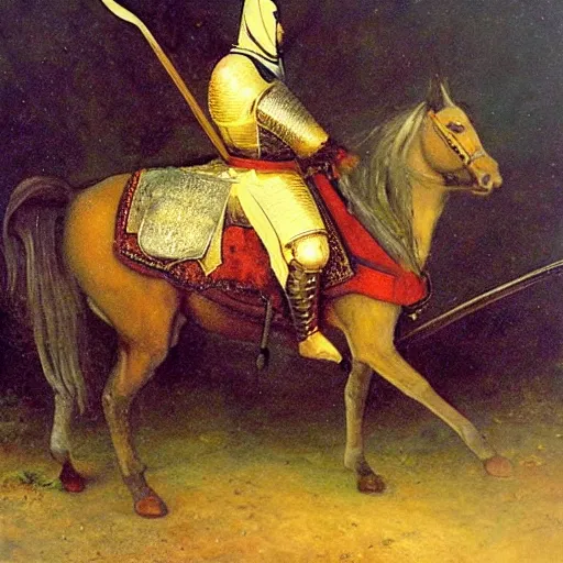 Image similar to a beautiful oil painting of a middle eastern knight in shining armor riding a horse