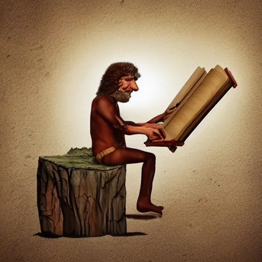 Prompt: neanderthal read science book about him and laughing, because its irrelevant and not accurate, pinterest, perfect dynamic position, extremely realistic and highly details, bokeh, reduce duplication interference