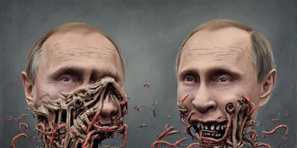 Image similar to highly detailed surreal portrait of vladimir putin's face is eaten by worms, in the background an army of zombies with their mouths sewn shut with wire in the shape of the letter z, style of greg rutkowski and ralph horsley, photorealistic, hyperdetailed, matt painting, digital art, non blurry, sharp, artstation, concept art, smooth, illustration