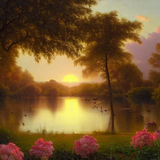 Prompt: a painting of a duck pond at sunset, surrounded by flower bushes, a detailed matte painting by Robert S. Duncanson, deviantart, hudson river school, terragen, pink clouds, trending on artstation