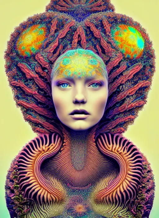 Image similar to ridiculously beautiful young womans face, radiating psychedelics, portals into nature, coral, birds, symmetrical, in the style of ernst haeckel, effervescent, sacred geometry, warm, surrealism, photo realistic, epic and cinematic,