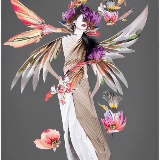 Image similar to full length fashion illustration of a beautiful girl wearing an origami dress, eye - level medium shot, fine floral ornaments in cloth and hair, hummingbirds, elegant, by eiko ishioka, givenchy, by peter mohrbacher, centered, fresh colors, origami, fashion, detailed, serene, dreamy, vogue, japanese, reallusion character creator