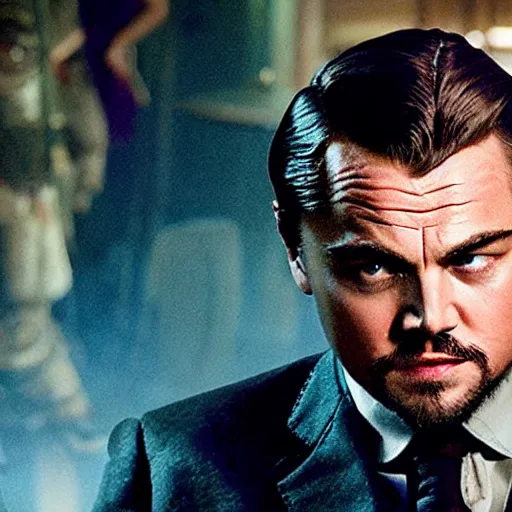 Prompt: cinematic phot of andrew ryan, portrayed by leonardo dicaprio, in a new live - action bioshock movie