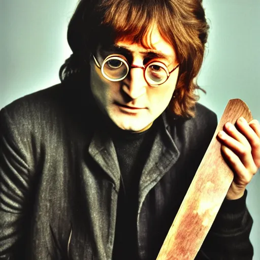 Image similar to john lennon holding a head and a machete, photography, high quality, 8 k,