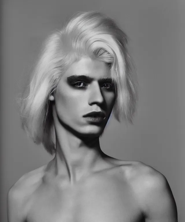 Image similar to a color photograph of a non binary model, platinum blonde, by robert mapplethorpe, intense, bold, hyperrealistic, ultra sharp, extra details, ultra high quality, trending on pinteresst