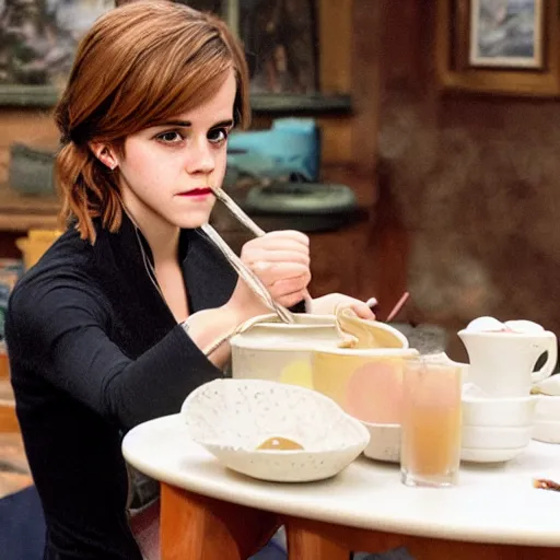 Prompt: emma watson drinking a saucer of warm milk, in the style of a bob ross painting