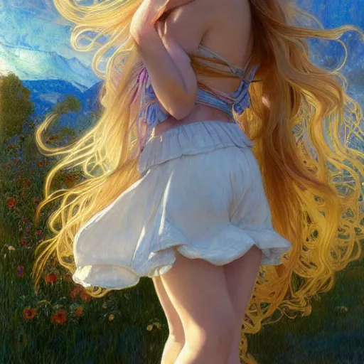 Image similar to A young woman with blonde long hair and bangs in shorts and white shirt drawn by Donato Giancola and Anna Dittmann, frank frazetta, alphonse mucha, background by James Jean and gustav klimt, 4k, volumetric lighting, french nouveau, trending on artstation, octane render, hyperrealistic