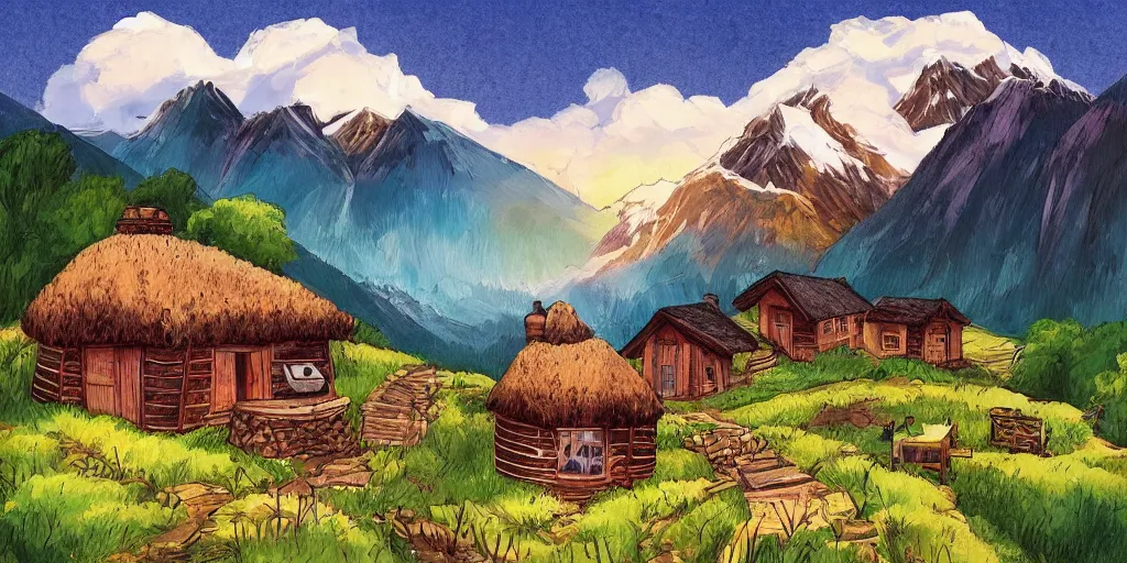 Prompt: beautiful mountain landscape with a wonderfully cozy hut and a beer garden, award winning masterpiece illustration