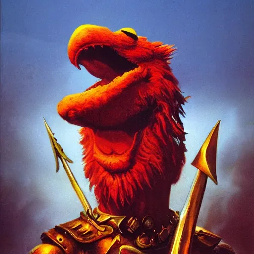 Prompt: elmo warrior king by boris vallejo