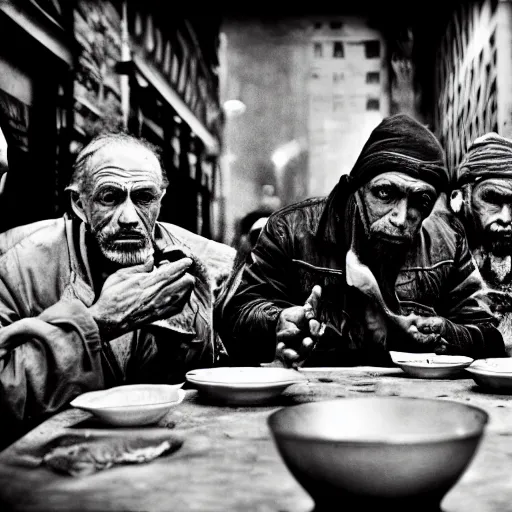 Image similar to Award Winning Editorial wide-angle picture of a Tramps in a new York Soup Kitchen by David Bailey and Lee Jeffries, The Last Supper