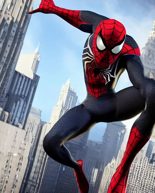 Prompt: photorealistic, hyperdetailed photograph of black spider - man suit with gold webbing by insomniac games