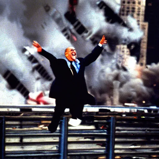 Prompt: color crt surveillence footage hyper detailed focused closeup fish eye lens photograph of Rudy Giuliani laughing hysterically tap dancing on top of the world trade center rubble pile smoking in ny on 9/11/01 september 11th