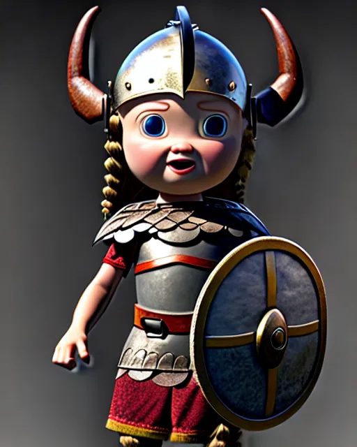 Prompt: an adorable toy of a viking girl with her shield raised to defend, pixar style, authentic viking armor, historically accurate, clean detail, symmetrical, octane render, studio lighting