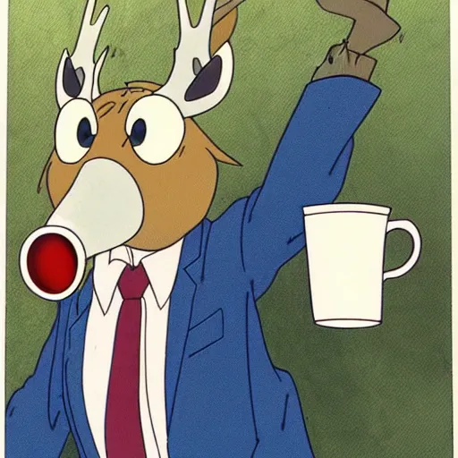 Prompt: anime animation cel of a moose in a suit and tie sipping coffee from a mug by miyazaki