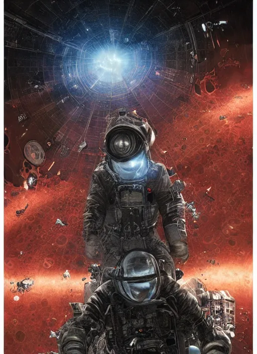 Image similar to astronauts in dark void underwater - complex and hyperdetailed technical suit design. reflection and dispersion materials. rays and dispersion of light. volumetric light. f / 3 2. noise film photo. flash photography. ultra realistic, 5 0 mm. poster by wayne barlowe, hajime sorayama aaron horkey, craig mullins