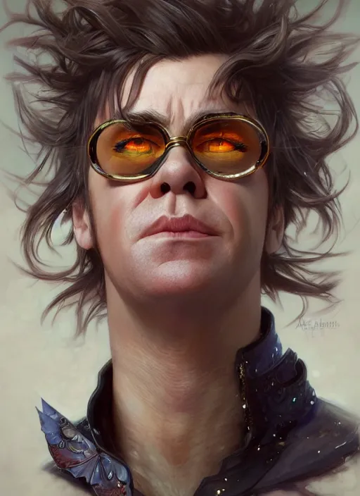 Image similar to Elton John, headshot, painted fantasy character portrait, D&D, highly detailed, digital painting, artstation, sharp focus, art by artgerm and greg rutkowski and alphonse mucha and magali villeneuve