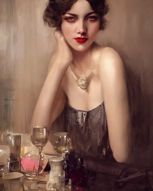 Image similar to daniel gerhartz and tom bagshaw close portrait digital painting of a 1 9 2 0 s beautiful woman at a party in a mansion, beautiful woman by artgerm and wlop, strong contrast, unreal engine, hyper realism, realistic shading, cinematic composition, realistic render, octane render, detailed textures, photorealistic, ultrawide shot, 3 5 mm film